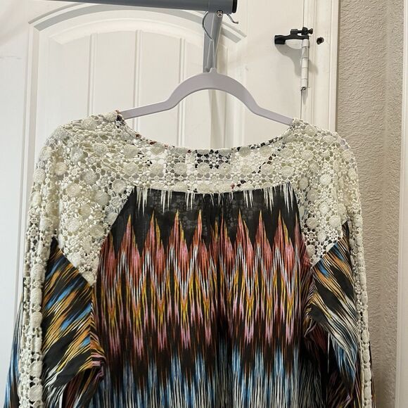 New Direction Multicolor Striped Crochet Neck Sleeves Boho Hippie Top Womens 1X - Picture 7 of 9